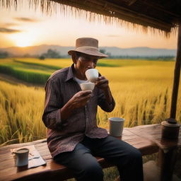 An image of an older man on his porch, engrossed in the beauty of a sunset over golden rice fields, sipping coffee and smoking, captured with a standard lens on a digital mirrorless camera, emphasizing natural colors and textures.