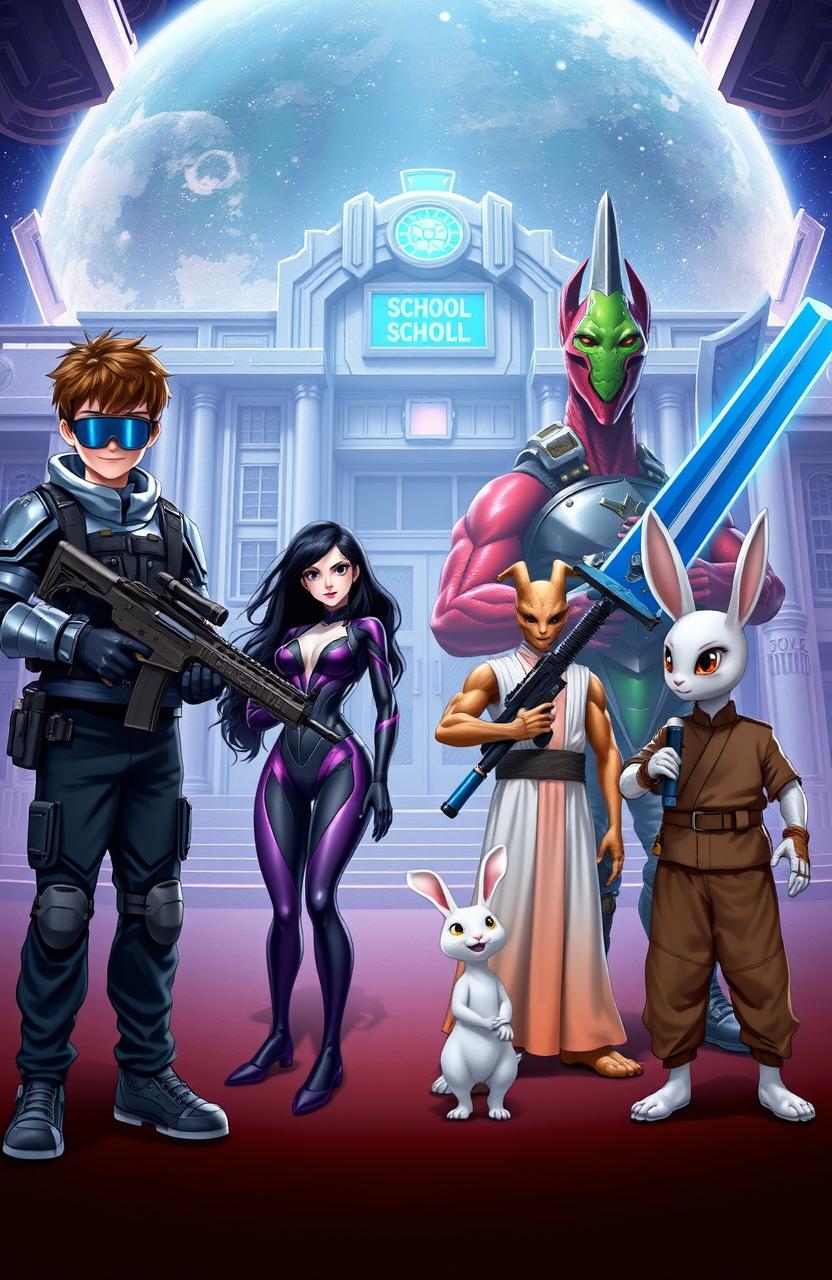 A stunning galactic space scene featuring a massive school-like facility with five distinct characters standing in front of it