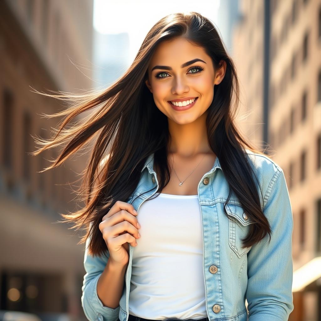 A realistic portrait of a confident young woman with long, flowing dark hair, striking green eyes, and a radiant smile