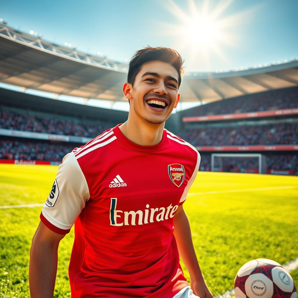 A young man joyfully celebrating a goal on a vibrant soccer field, wearing an Arsenal football jersey that prominently displays the club emblem and the iconic red and white colors