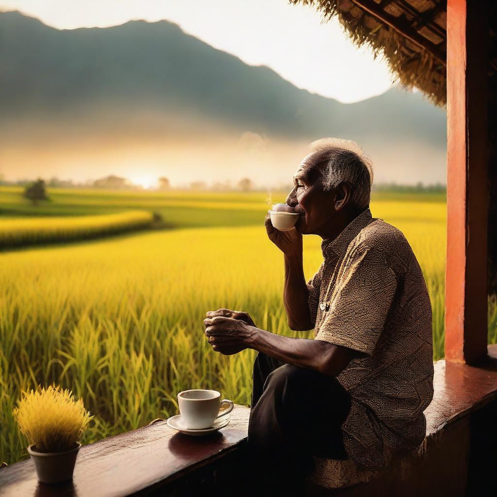 An image of an older man on his porch, engrossed in the beauty of a sunset over golden rice fields, sipping coffee and smoking, captured with a standard lens on a digital mirrorless camera, emphasizing natural colors and textures.