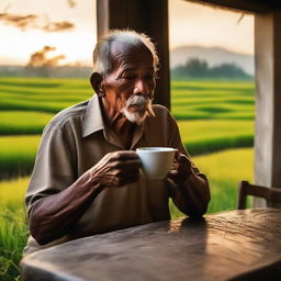 An image of an older man on his porch, engrossed in the beauty of a sunset over golden rice fields, sipping coffee and smoking, captured with a standard lens on a digital mirrorless camera, emphasizing natural colors and textures.