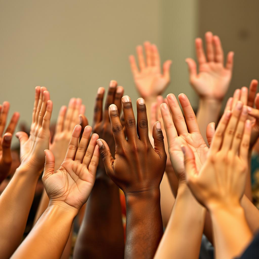 A close-up of numerous hands of different skin tones, clapping in unison