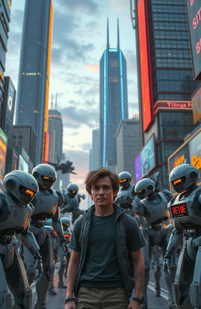 A scene depicting an ordinary person surrounded by robots in a futuristic urban environment