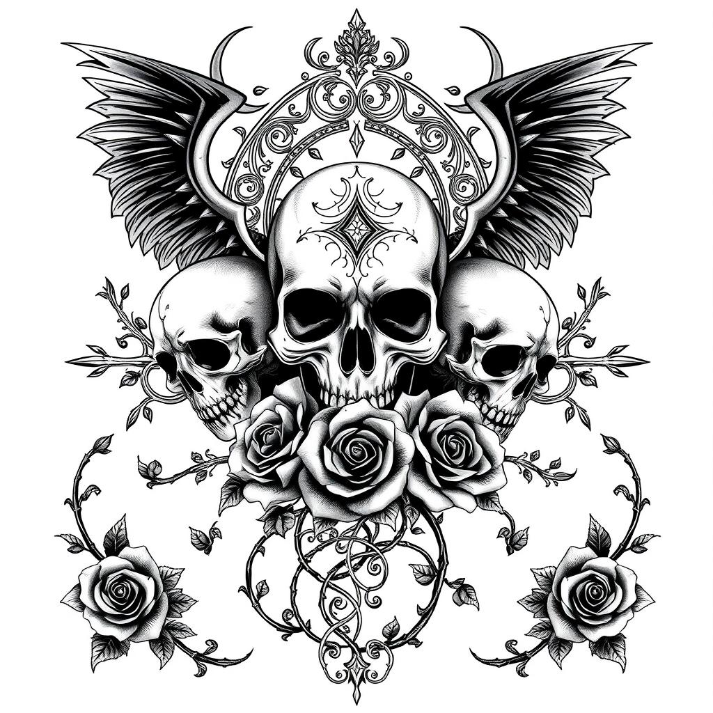 An intricate gothic tattoo design outline featuring a dark, mysterious aesthetic