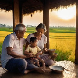 An older man, his wife, and son on the porch, engrossed in the beauty of a sunset over golden rice fields, while drinking coffee and smoking, captured with a standard lens on a digital mirrorless camera, emphasizing natural colors and textures.