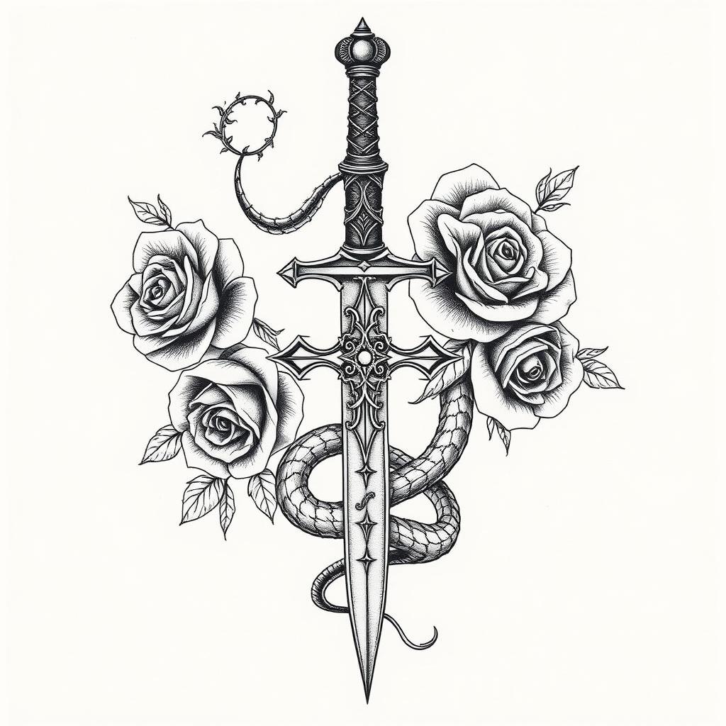 A stunning gothic tattoo design featuring an intricately outlined broken dagger as the central element