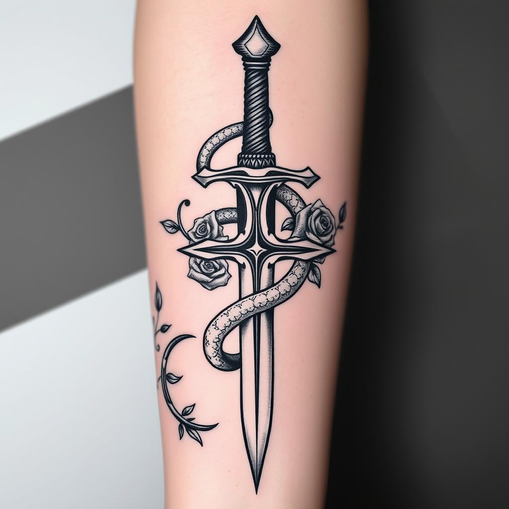 A striking gothic tattoo design featuring an intricately outlined broken dagger as the focal point