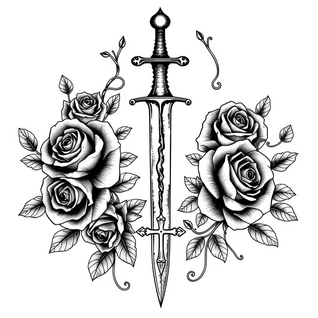 An elaborate gothic tattoo design featuring a prominently outlined broken dagger as the centerpiece