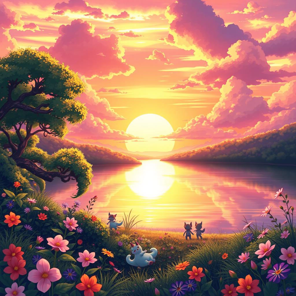 An anime-style illustration of a vibrant landscape featuring a luminous sunset over a tranquil lake