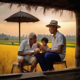 An older man, his wife, and son on the porch, engrossed in the beauty of a sunset over golden rice fields, while drinking coffee and smoking, captured with a standard lens on a digital mirrorless camera, emphasizing natural colors and textures.