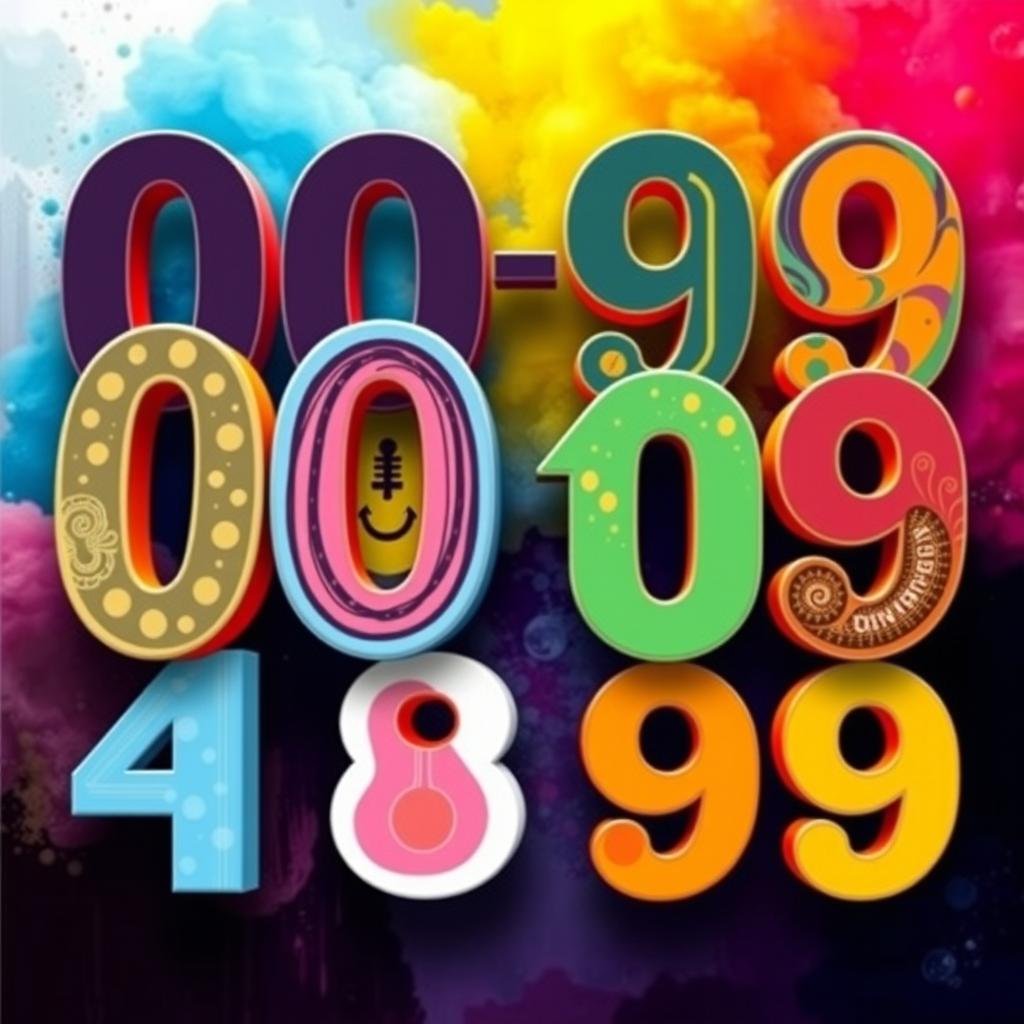 An artistic representation displaying the numbers 00 to 99 in a visually engaging way, each number stylized with unique and vibrant designs