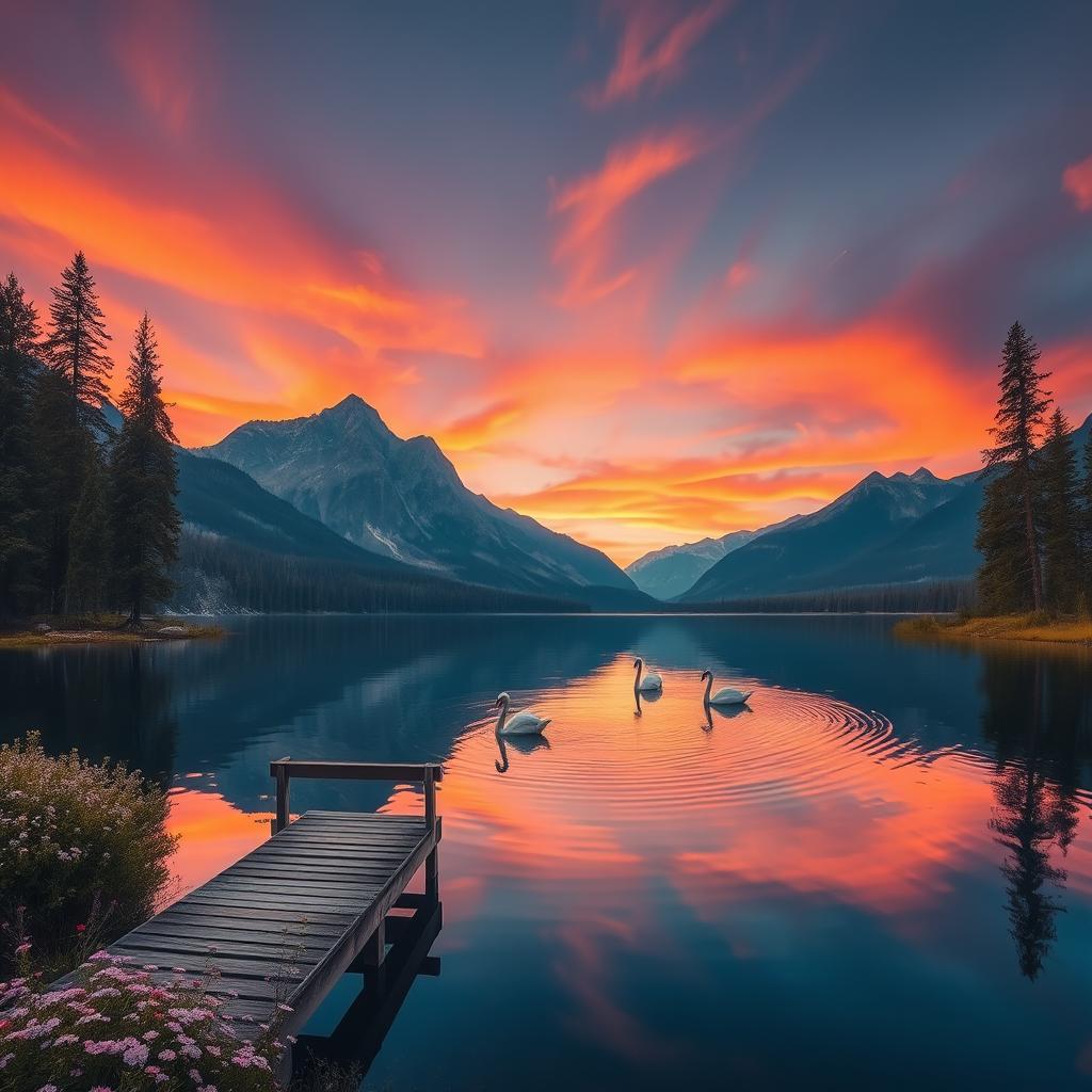 A serene landscape showcasing a tranquil lake surrounded by majestic mountains under a vibrant sunset