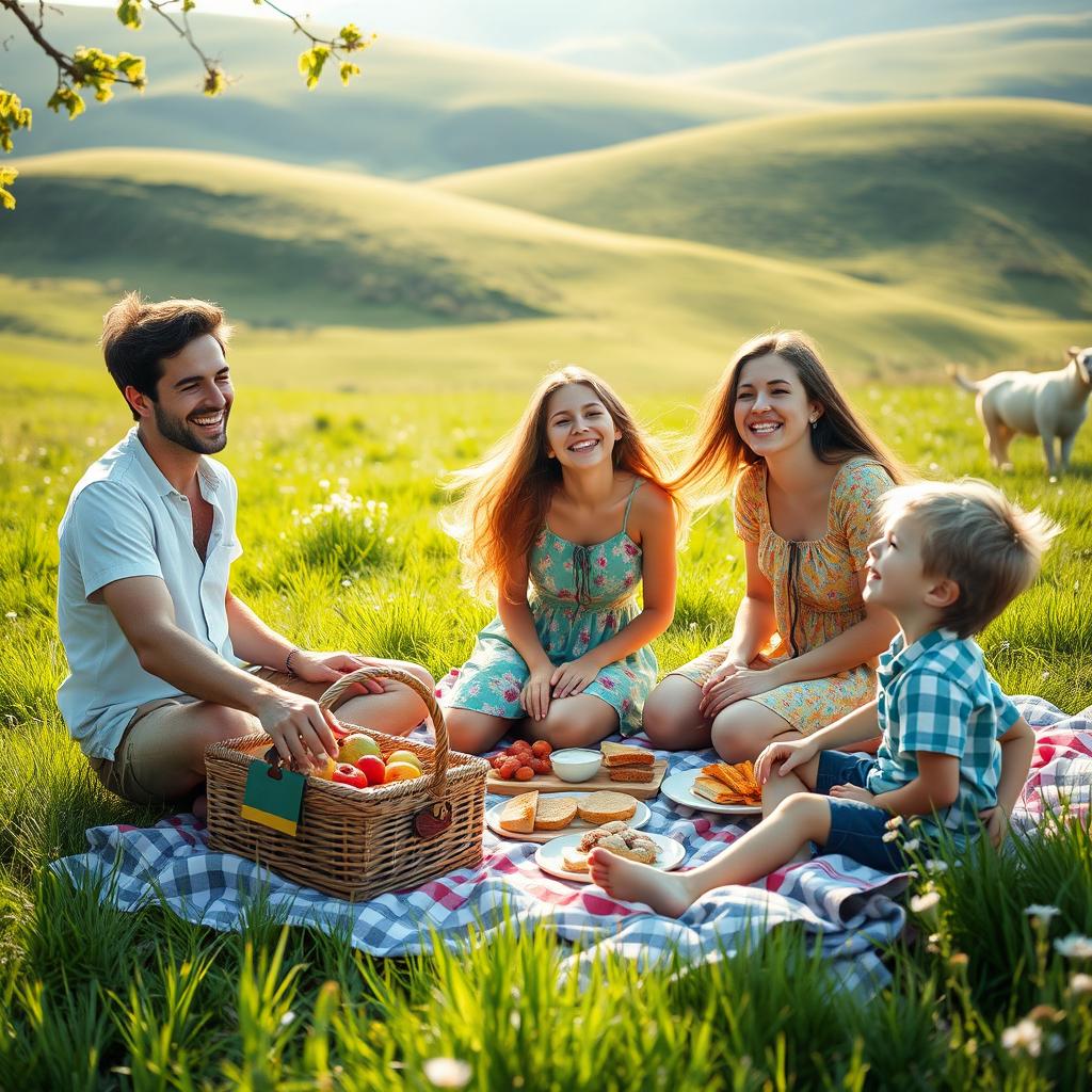 A very realistic family picnic scene set in a lush green meadow