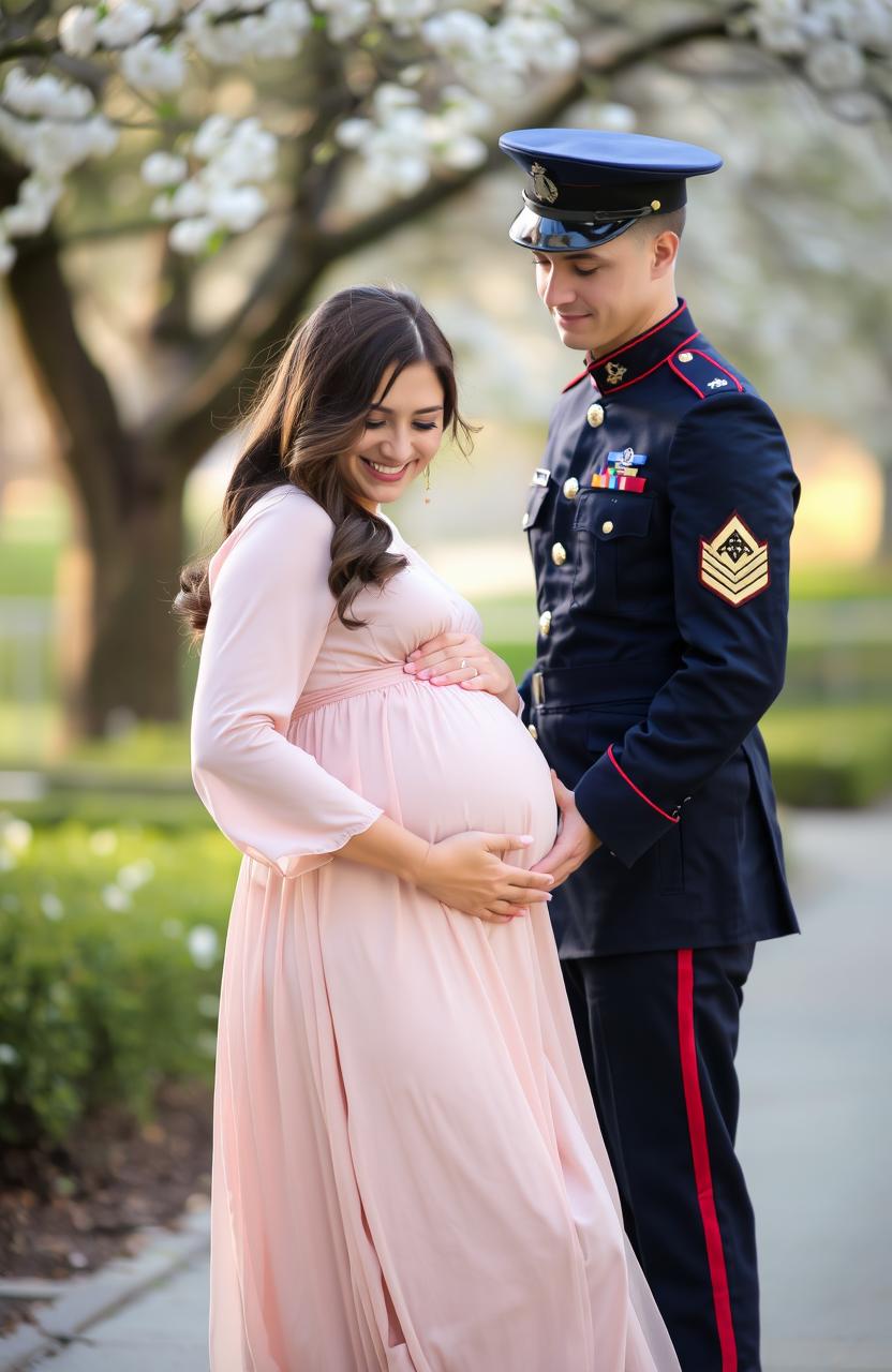 A touching scene of a pregnant woman with a warm smile, gently resting her hand on her stomach, while her husband stands beside her in a crisp military uniform, looking proudly at her