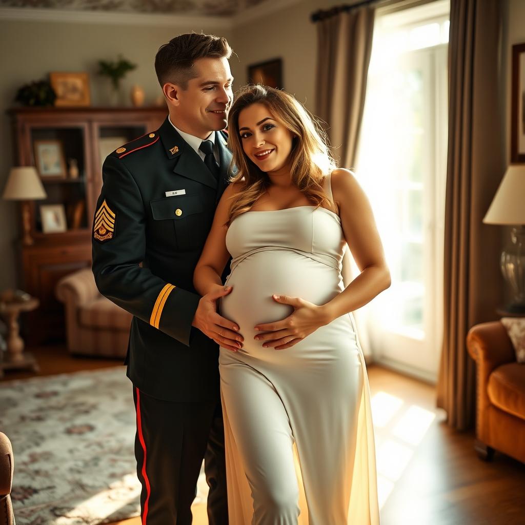 A playful and affectionate scene of a wife, with a cheeky expression, gently cradling her baby bump, standing next to her husband Dean, who is proudly wearing his military uniform