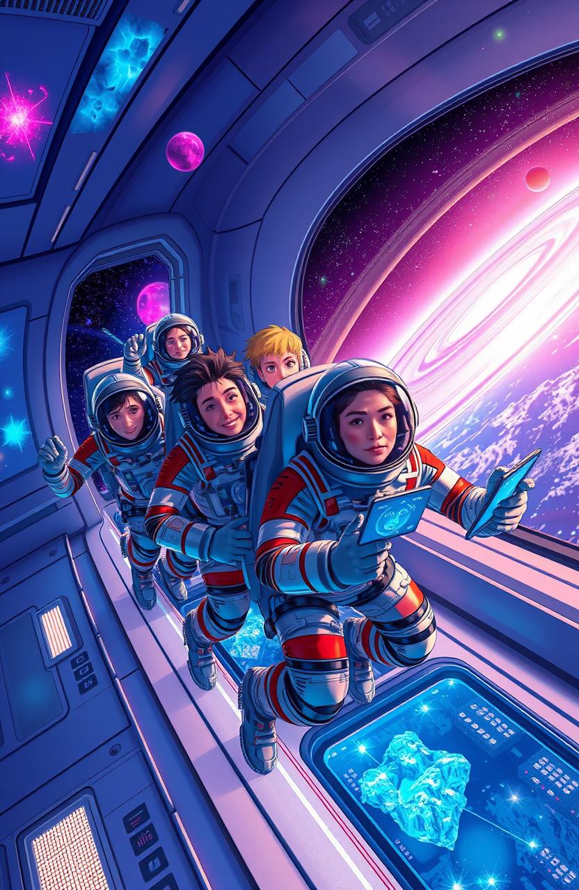 A group of dynamic and adventurous astronauts in futuristic space suits embark on a daring mission to explore a distant galaxy