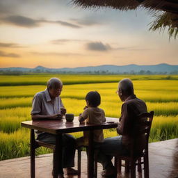 An older man, his wife, and son on the porch, engrossed in the beauty of a sunset over golden rice fields, while drinking coffee and smoking, captured with a standard lens on a digital mirrorless camera, emphasizing natural colors and textures.