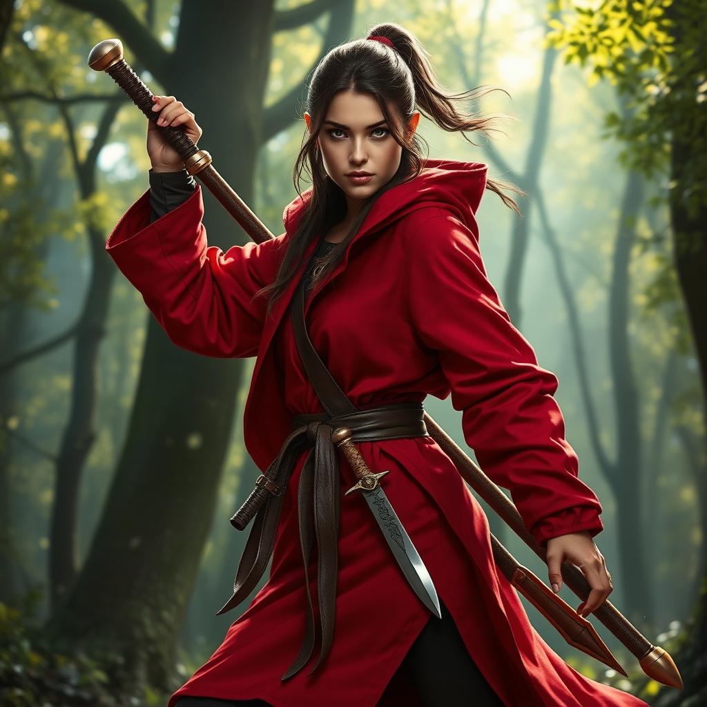 A powerful human female monk inspired by Dungeons and Dragons, wearing a striking red coat that flows dramatically as she poses