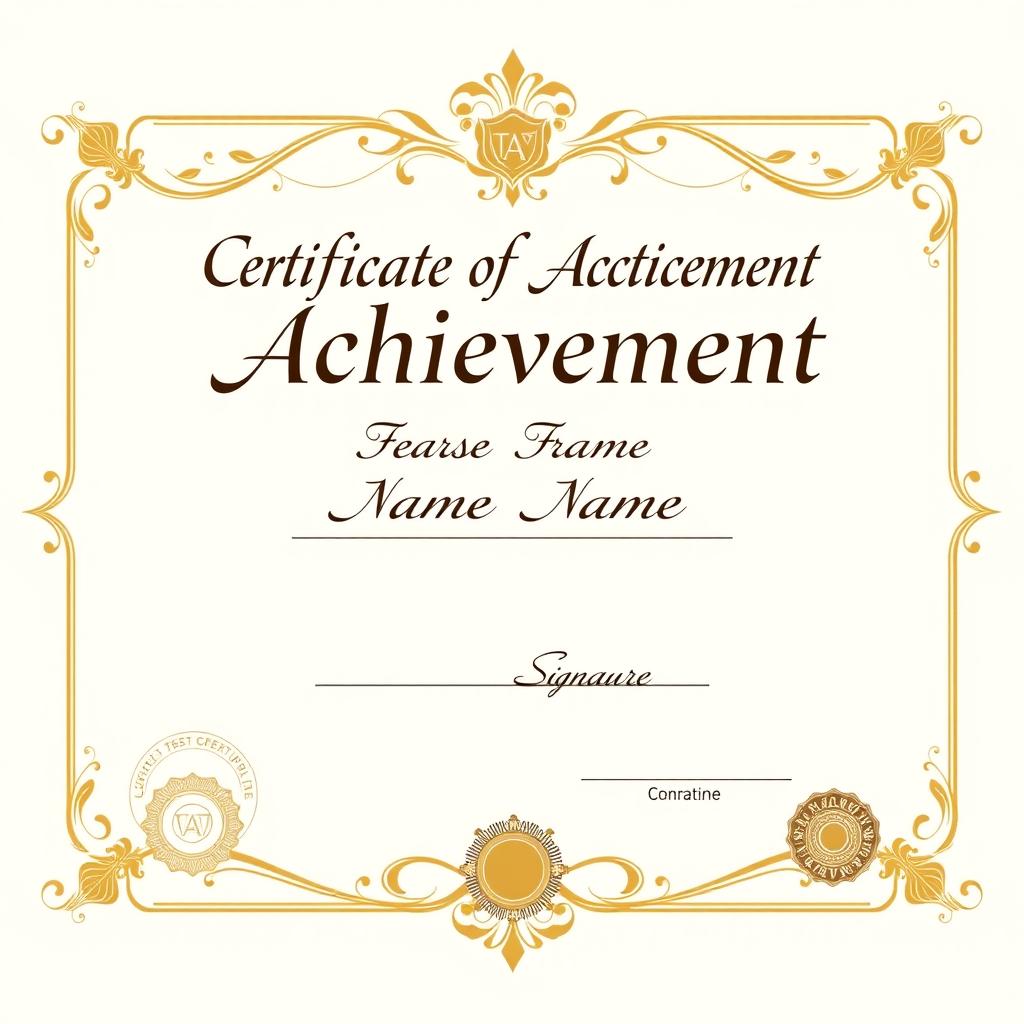 A beautifully designed certificate featuring elegant borders and decorative elements, showcasing the title 'Certificate of Achievement' prominently in elegant calligraphy