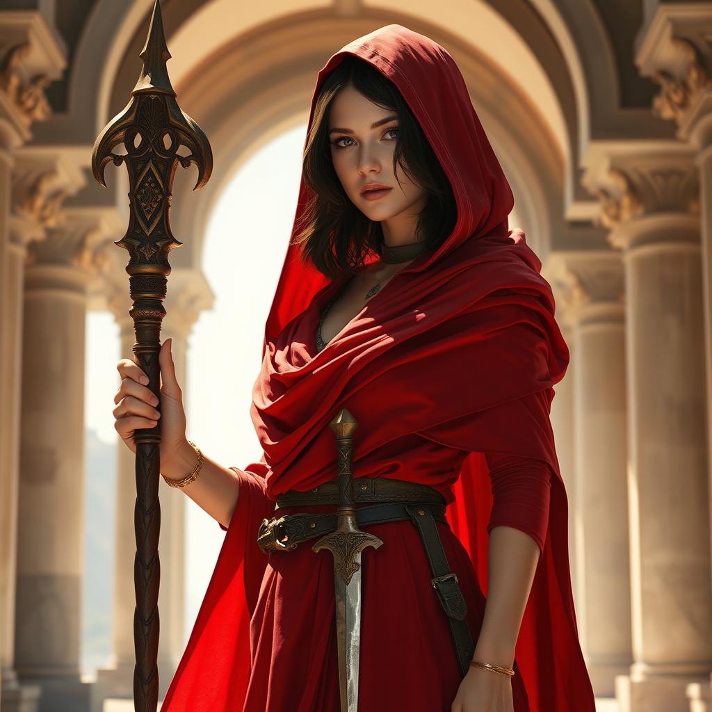 A captivating human female Oracle from Pathfinder, draped in a flowing red hooded robe that adds an air of mystery
