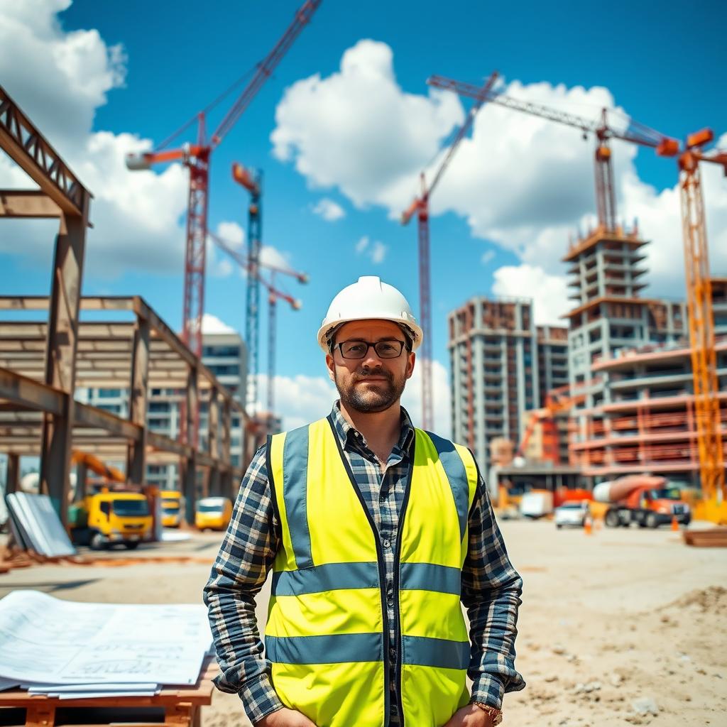 A person standing confidently in a construction site, wearing a hard hat and a safety vest, surrounded by steel beams and architectural blueprints