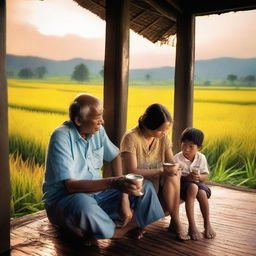 An older man, his wife, and son on the porch, engrossed in the beauty of a sunset over golden rice fields, while drinking coffee and smoking, captured with a standard lens on a digital mirrorless camera, emphasizing natural colors and textures.