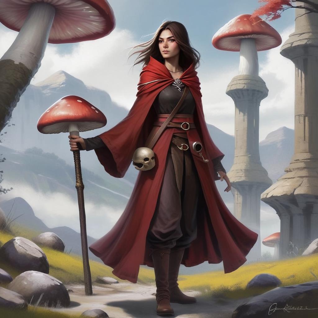 make this character hold a quarterstaff instead of a mushroom and make her hair more shoulder length instead