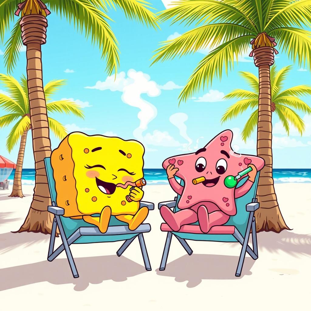 A playful and humorous scene featuring cartoon characters similar to sea creatures, lounging on a colorful beach