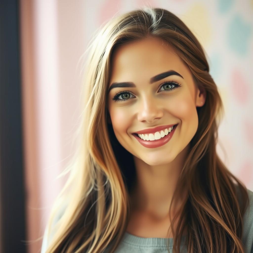 A charming portrait of a woman smiling warmly, featuring soft, inviting lighting that highlights her features