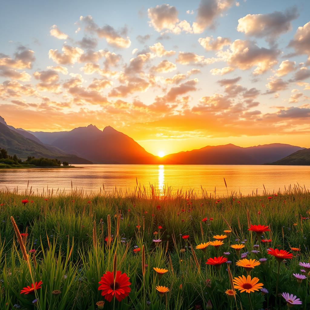 A scenic landscape featuring a vibrant sunset over a serene lake, with colorful reflections shimmering on the water's surface