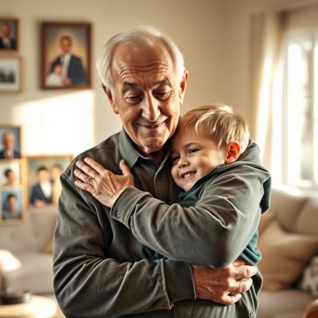 An elderly man lovingly holding his young grandson, embracing him closely to his chest in a warm and affectionate manner