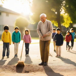 A photograph capturing an elderly man (father) joyfully sweeping the schoolyard at sunrise, surrounded by cheerful elementary school kids, taken with a smartphone in soft morning light, conveying a sincere and loving moment.