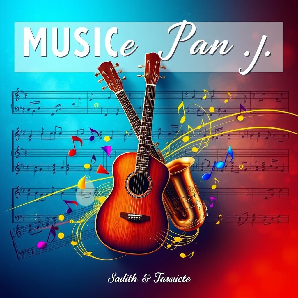 A vibrant and colorful music cover design featuring a large, bold musical score in the background with notes and staves beautifully arranged