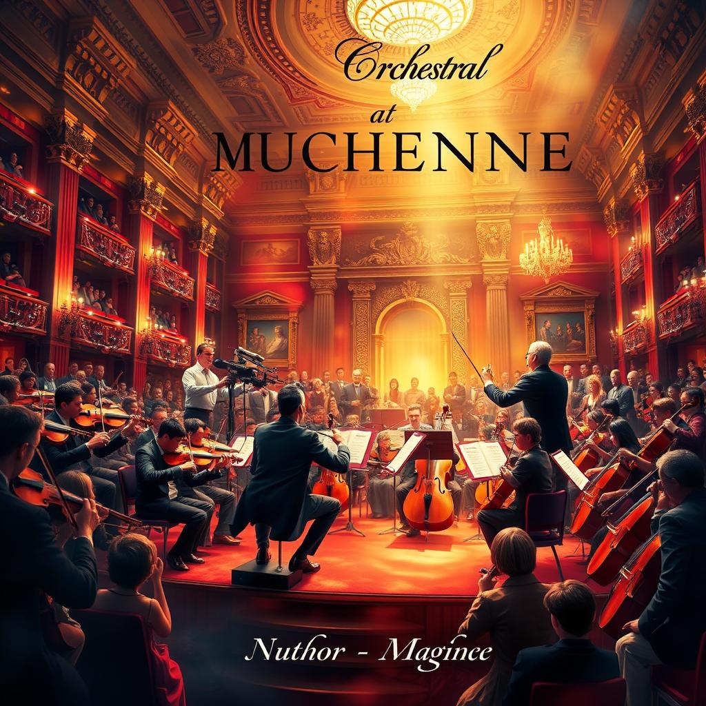 A stunning book cover design featuring a rich, colorful orchestral scene