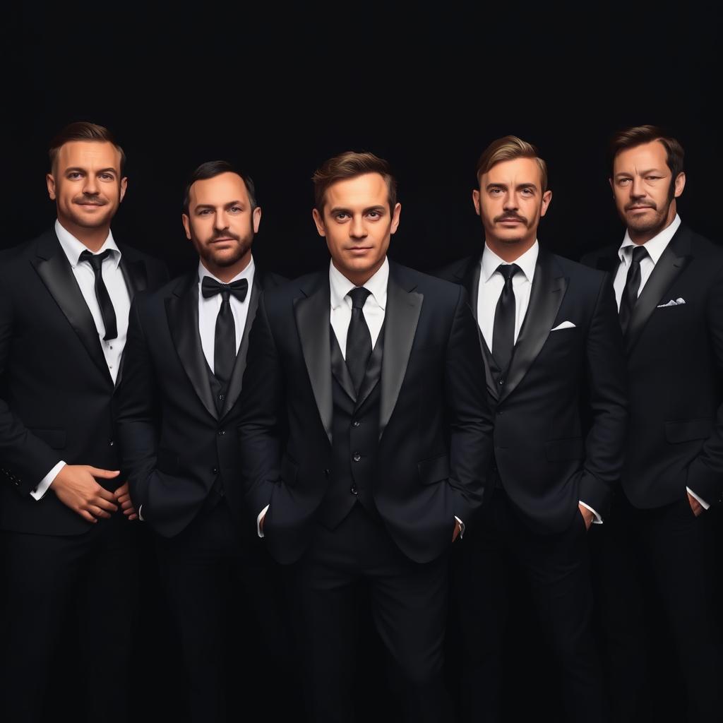 A group of elegantly dressed men in black 3-piece suits, standing confidently in a formation with the person in the top middle appearing slimmer and refined