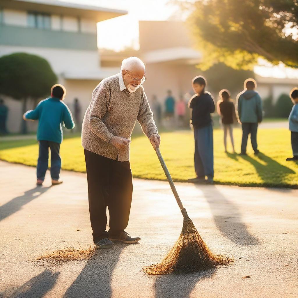 A photograph capturing an elderly man (father) joyfully sweeping the schoolyard at sunrise, surrounded by cheerful elementary school kids, taken with a smartphone in soft morning light, conveying a sincere and loving moment.