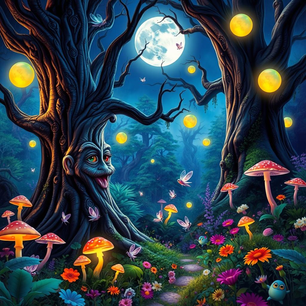 A magical scene depicting a vibrant, mystical forest filled with glowing mushrooms and enchanted creatures
