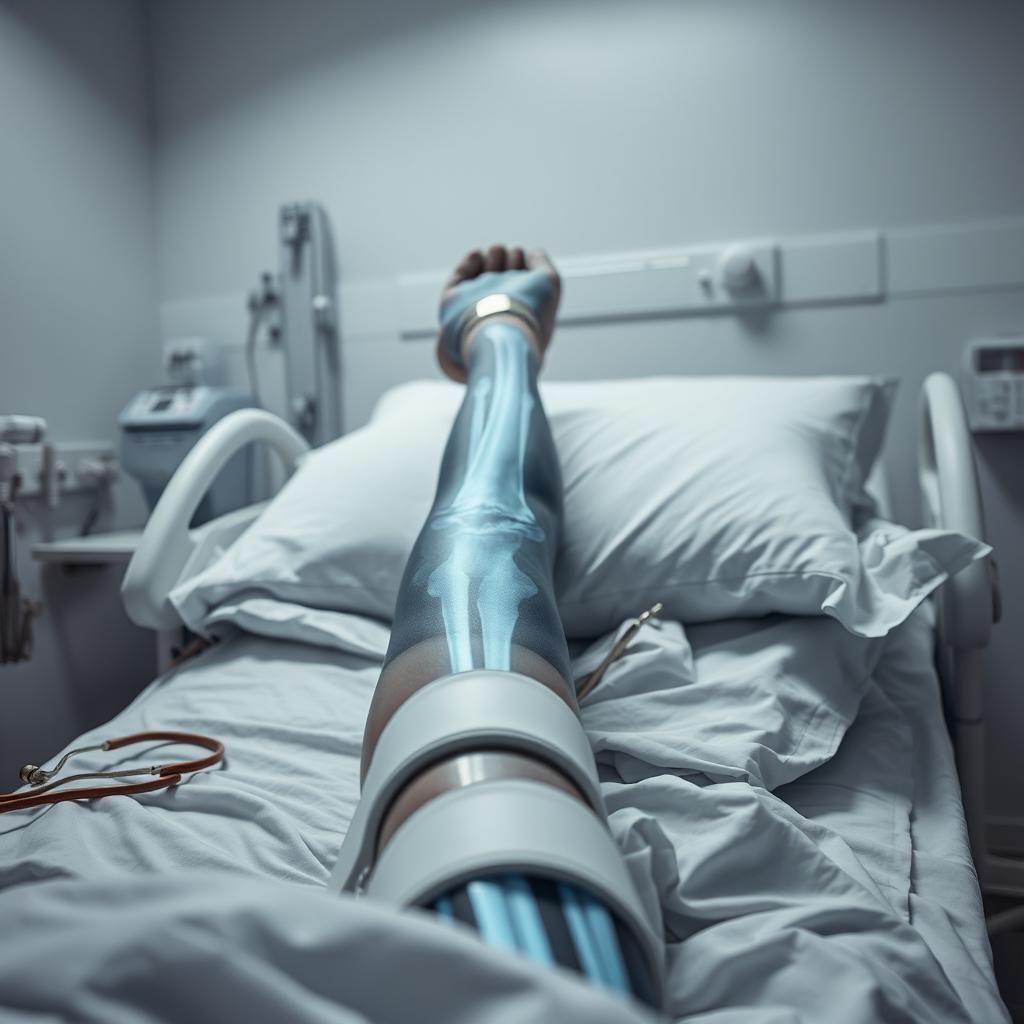 A close-up medical photo of a broken leg injury, focusing on the x-ray image depicting a clear fracture in the femur