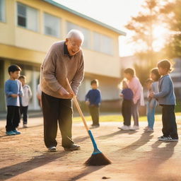 A photograph capturing an elderly man (father) joyfully sweeping the schoolyard at sunrise, surrounded by cheerful elementary school kids, taken with a smartphone in soft morning light, conveying a sincere and loving moment.