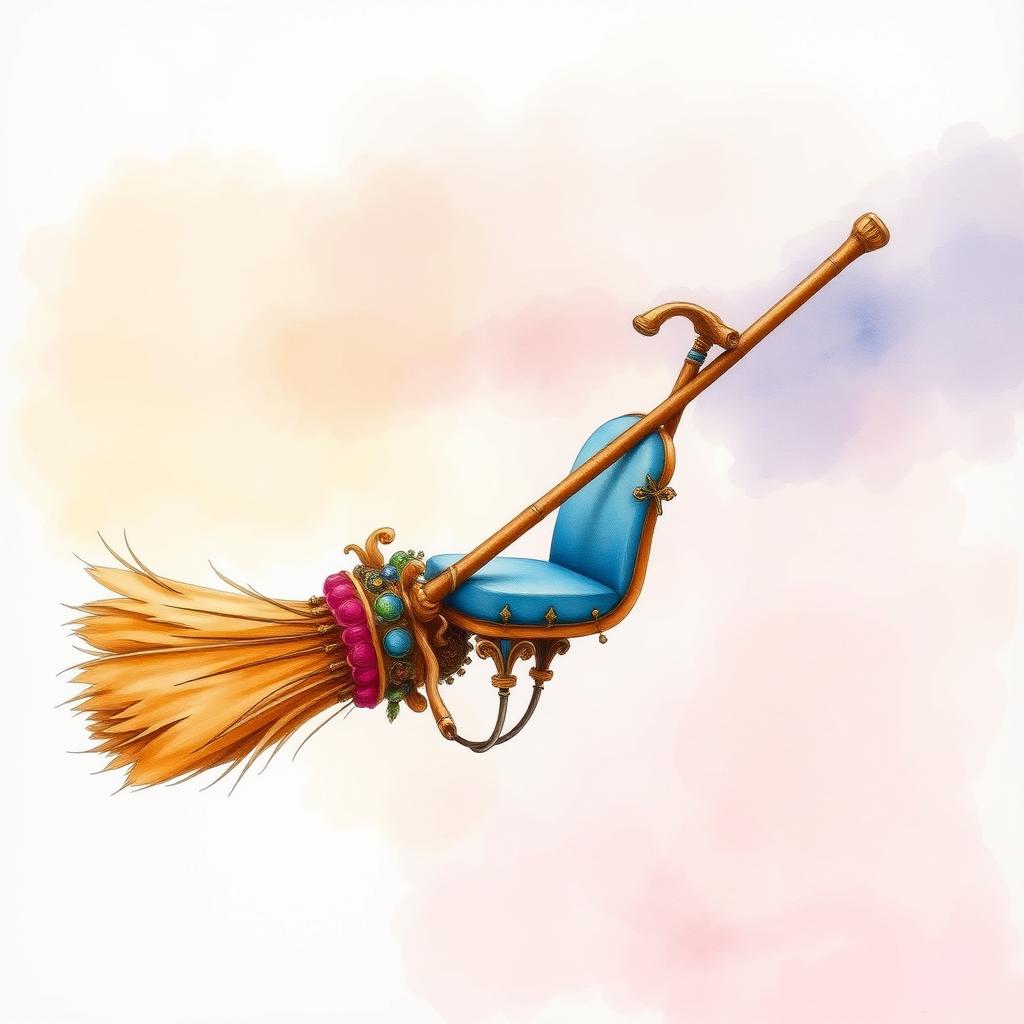 A whimsical watercolor painting of a fantasy witch broom, featuring a comfortable seat and handlebars, designed for a modern twist on traditional broomsticks