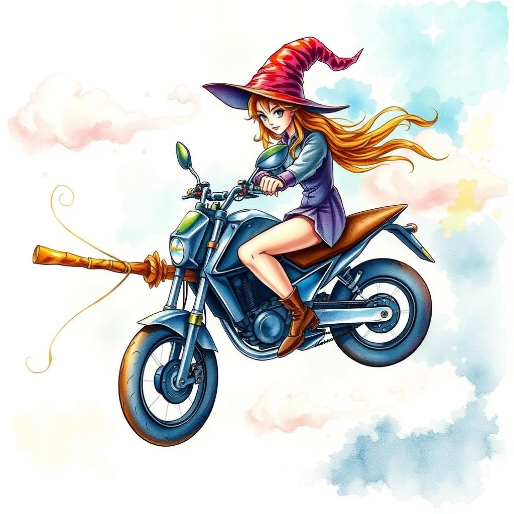 A captivating watercolor painting of a witch's flying broom, uniquely designed with a motorcycle seat and handlebars, combining elements of fantasy and modernity