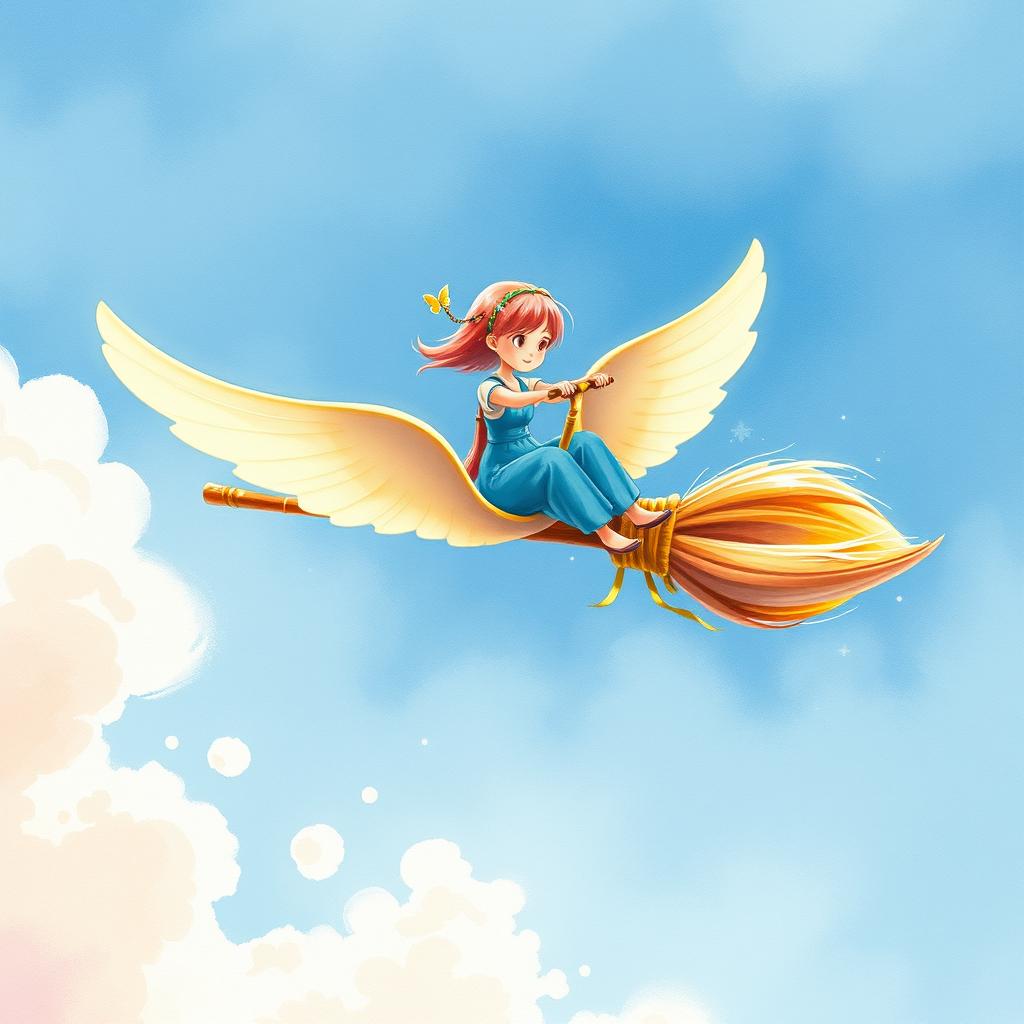 A whimsical watercolor painting of a flying broom, uniquely designed with a comfortable seat and handlebars, blending fantasy with an innovative twist