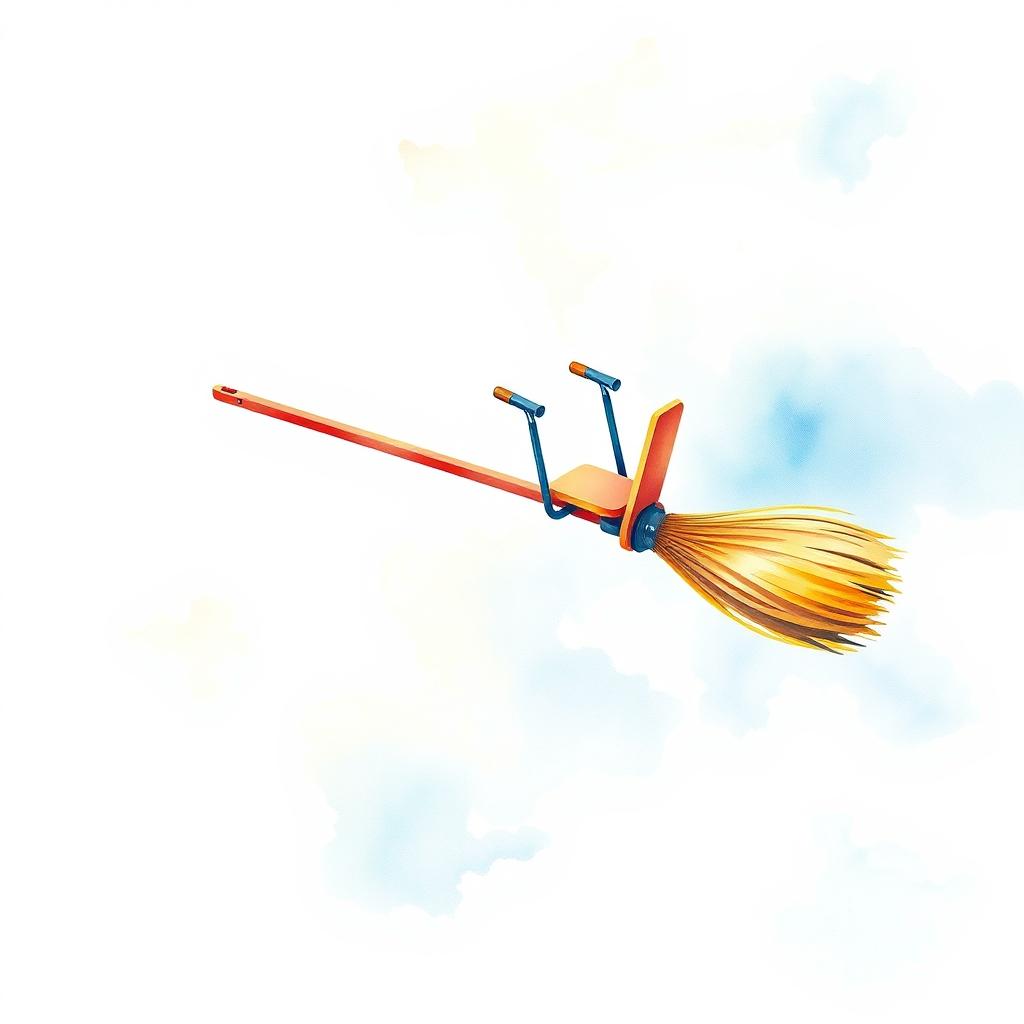 A stunning watercolor painting of a broom flying through the air, uniquely designed with a comfortable seat and handlebars