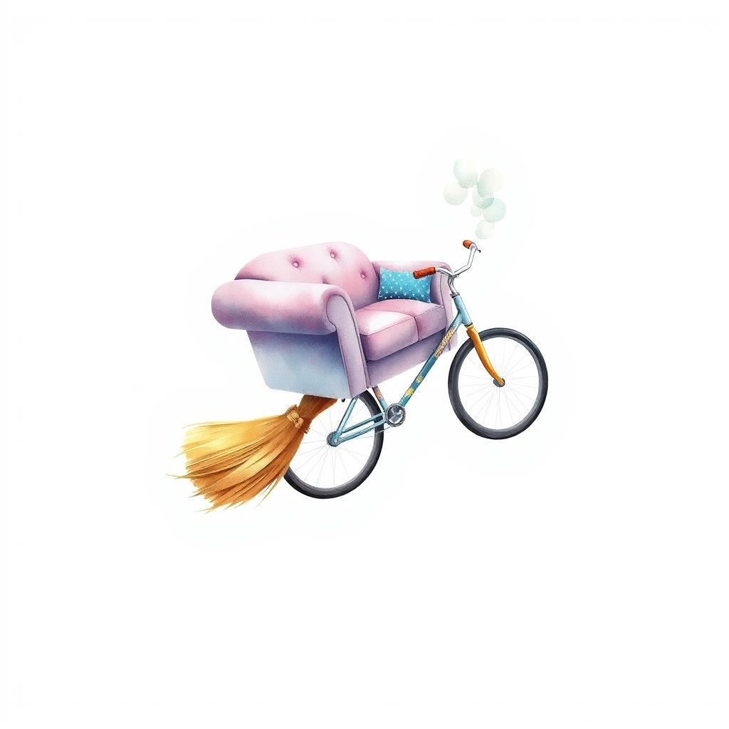 A delightful watercolor painting of a broom soaring through the air, creatively designed with a plush couch seat and bike handlebars