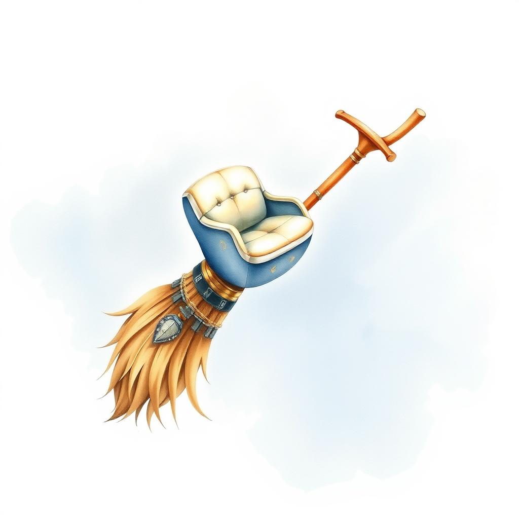 A captivating watercolor painting of a flying broom featuring a comfortable seat and a T-bar handle