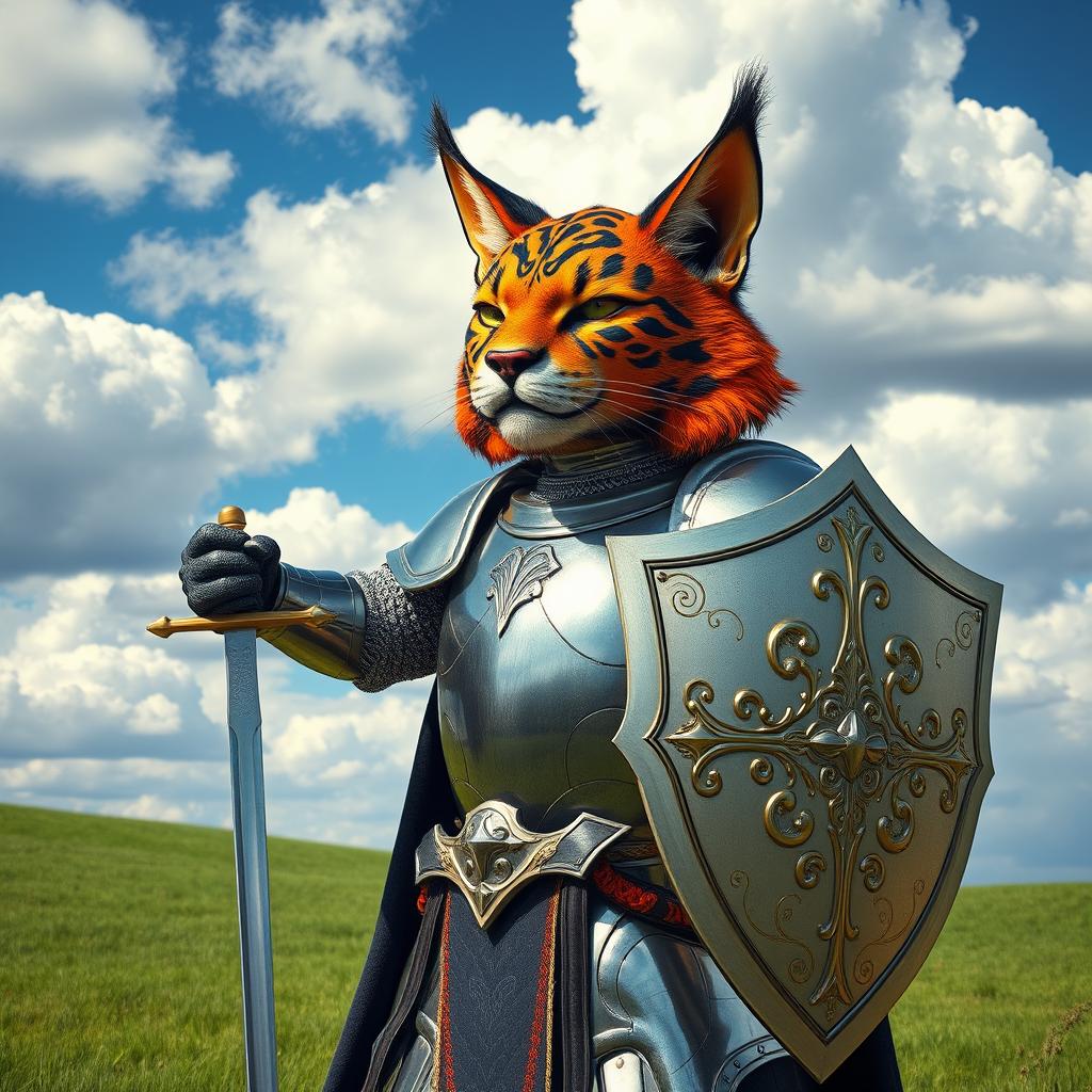 A knight in shiny, detailed armor, wearing a majestic cat head as a helmet, with vibrant fur patterns and sharp feline features