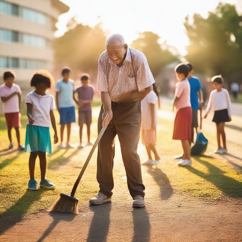 A photograph capturing an elderly man (father) joyfully sweeping the schoolyard at sunrise, surrounded by cheerful elementary school kids, taken with a smartphone in soft morning light, conveying a sincere and loving moment.