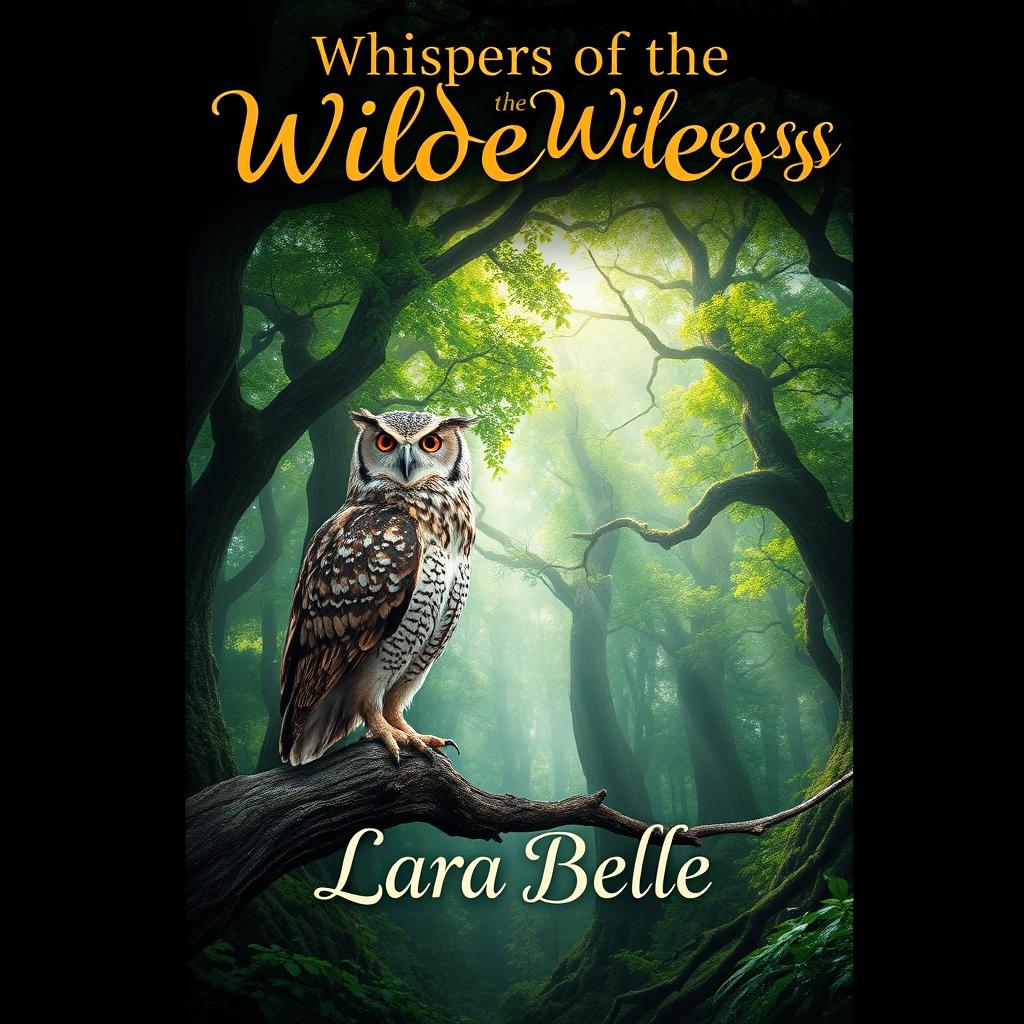 A captivating book cover design featuring a mysterious ancient forest with vibrant green trees and dappled sunlight filtering through the canopy