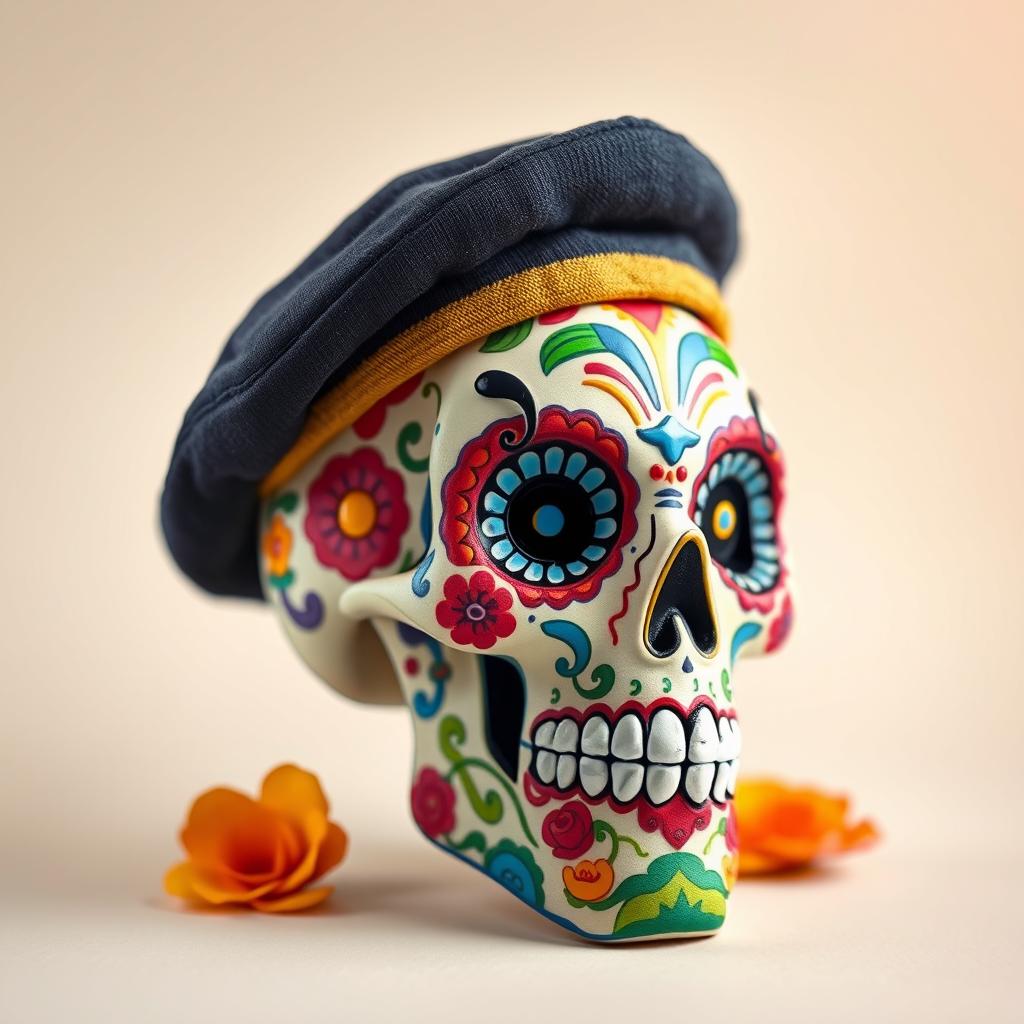 A vibrant and intricately designed calavera (sugar skull) wearing a stylish beret
